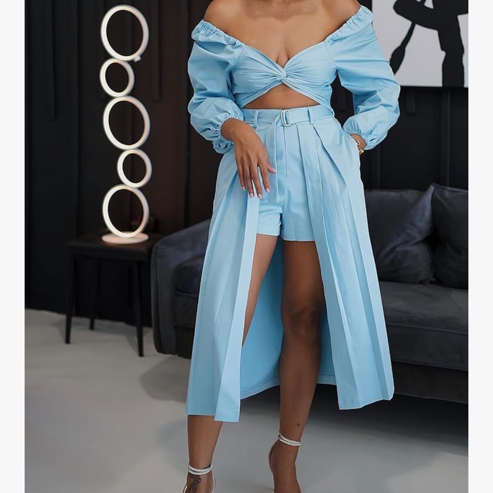 The Drop Womens Sky Blue Hybrid Skirt with Shorts and Crop Top Set
